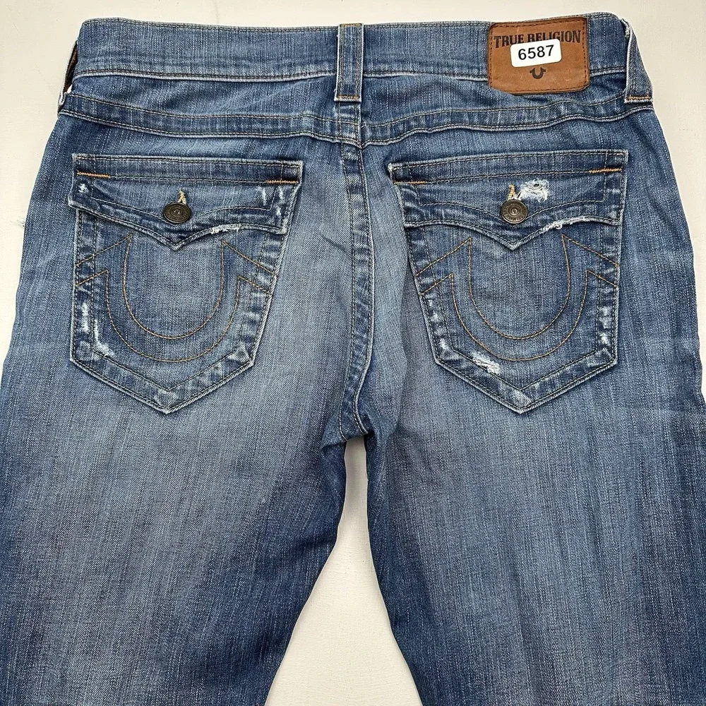 True Religion Geno Flap Relaxed Slim Jeans Mens 33x34 Distressed Blue Stretch